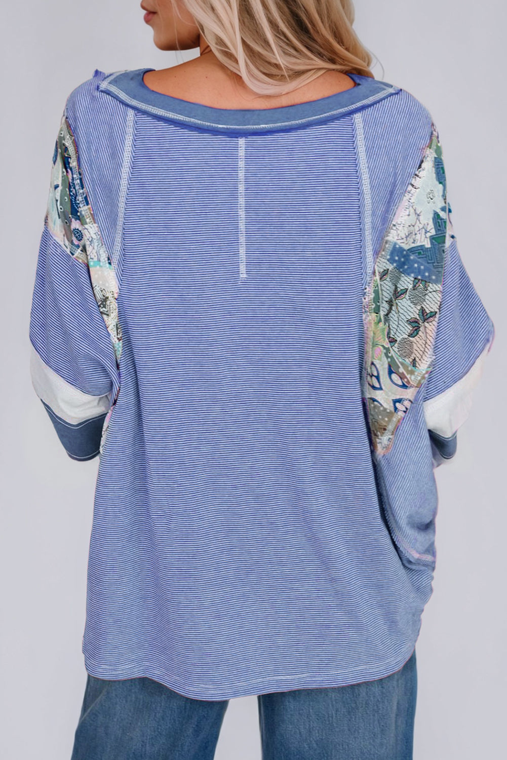 Striped Floral Patchwork Round Neck Top 