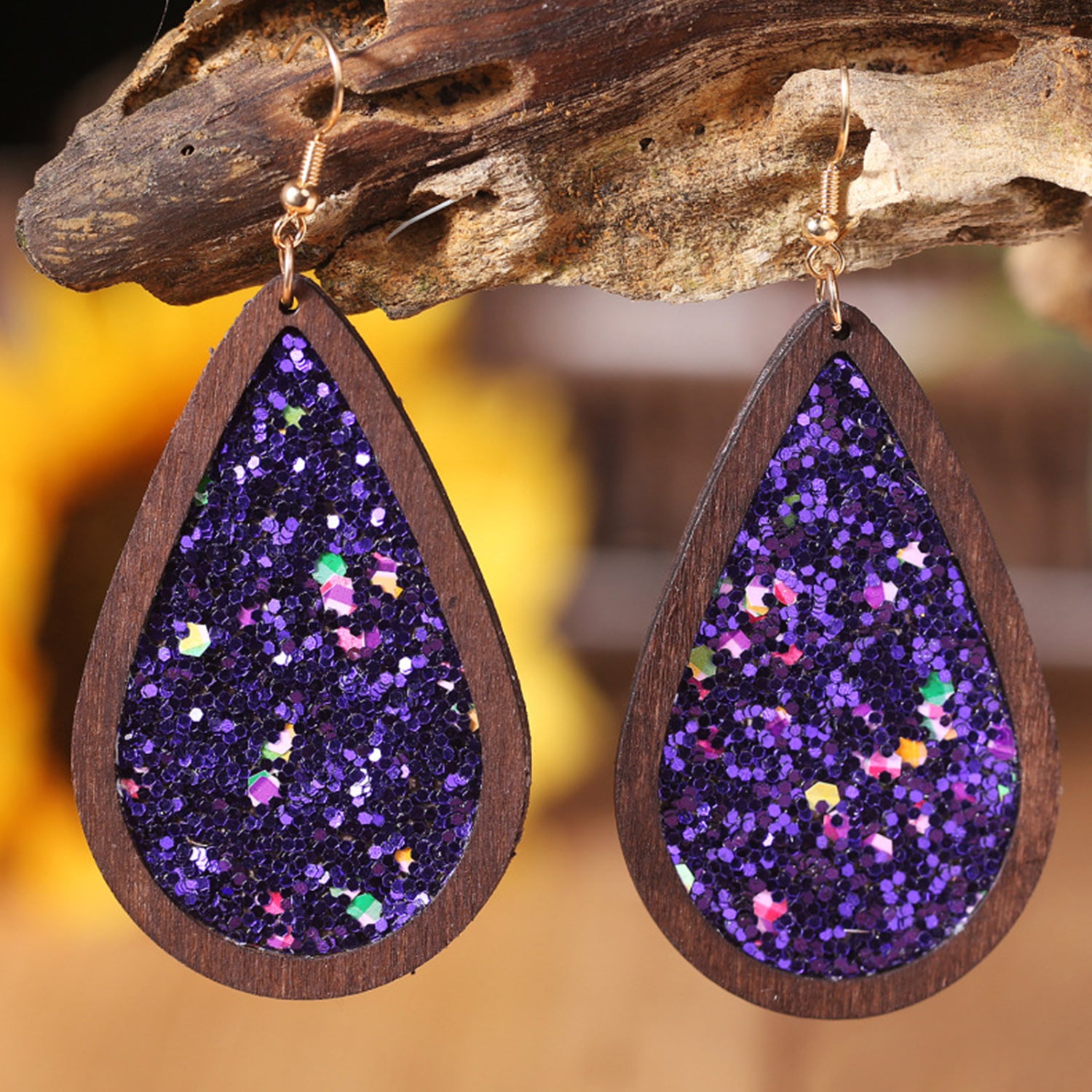 Sequin Wood Teardrop Earrings 