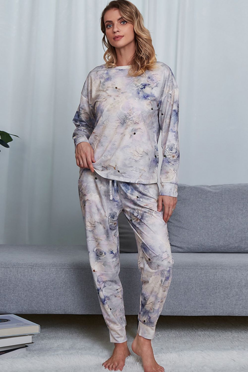 Shiny Tie-Dye Crewneck Top and Drawstring Waist Joggers Lounge Set Lingerie & Nightwear