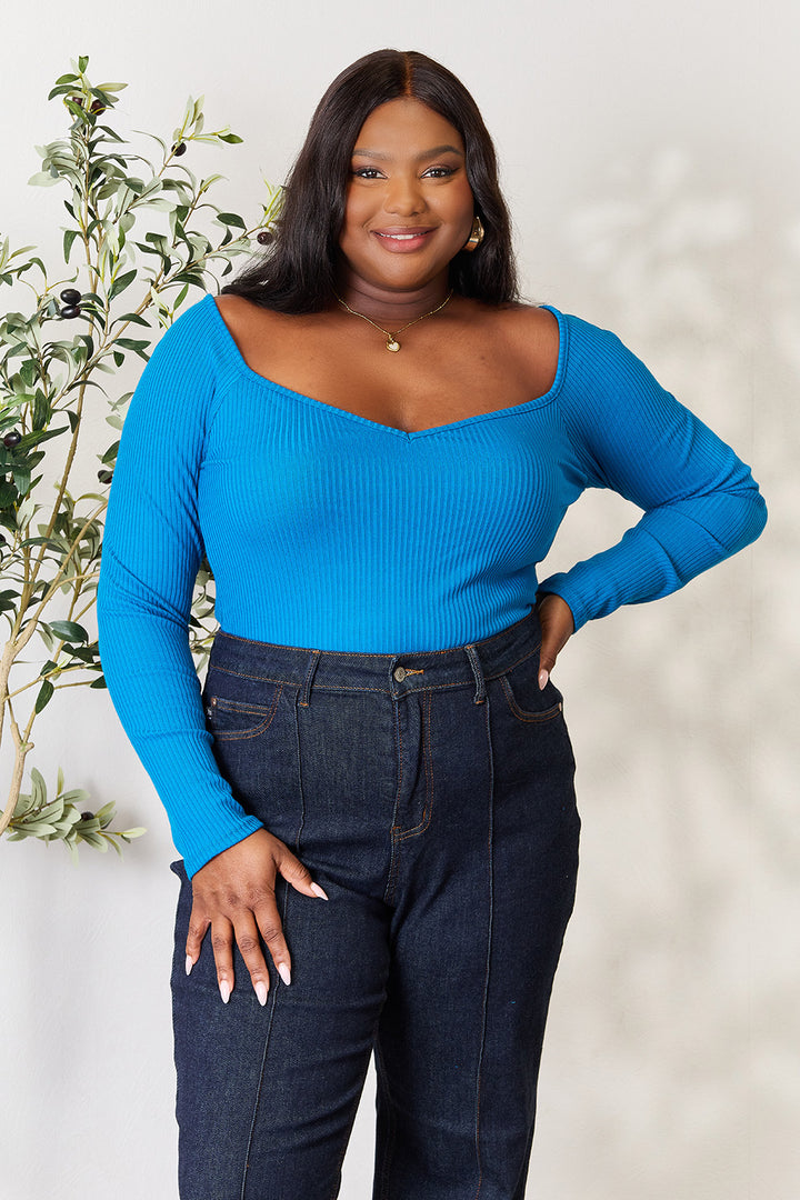 Culture Code Full Size Ribbed Sweetheart Neck Knit Top 