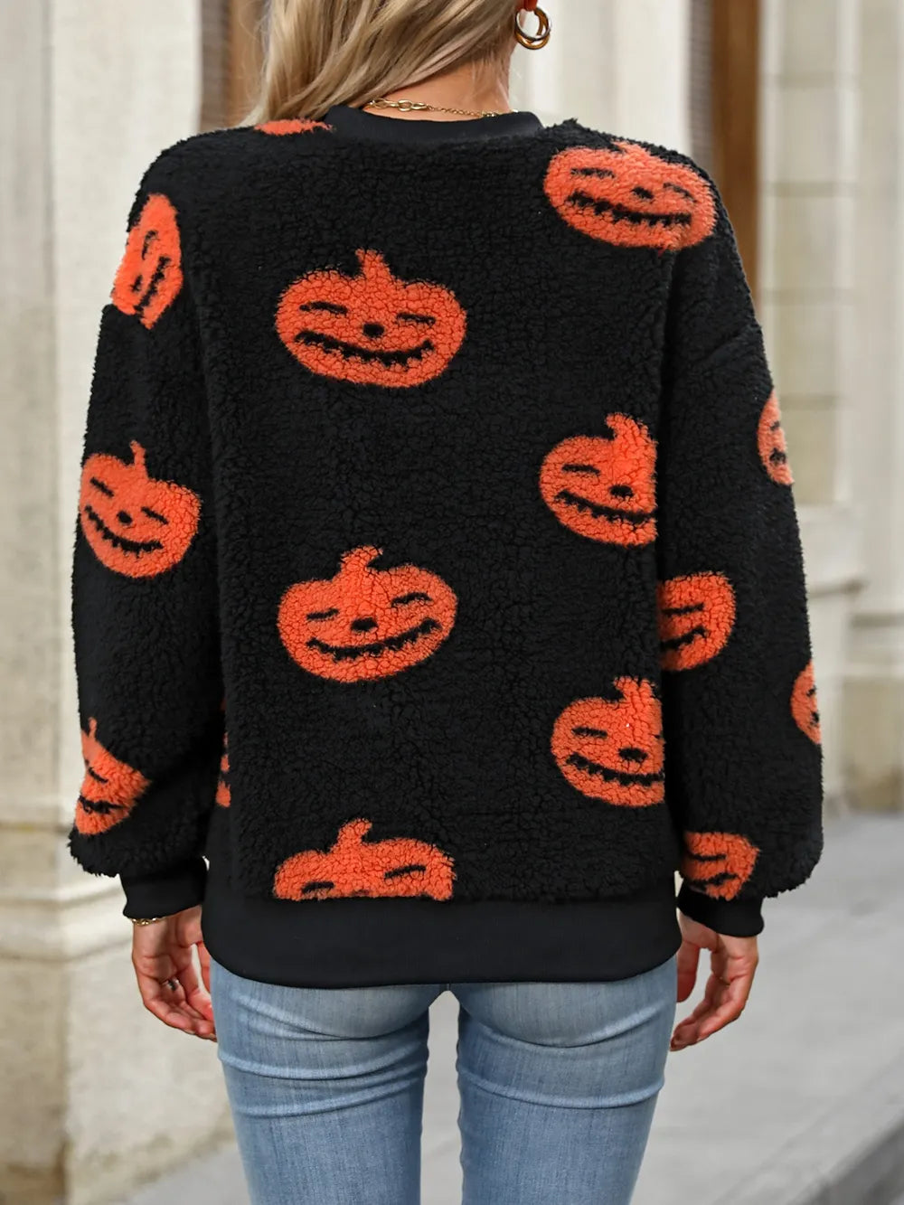 Fuzzy Pumpkin Round Neck Dropped Shoulder Sweater 