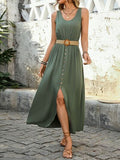 Perfee Decorative Button Slit Sleeveless Midi Dress Dresses