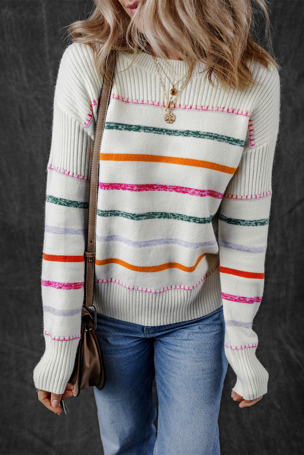 White Colorful Striped Ribbed Trim Sweater Sweaters & Cardigans/Sweaters