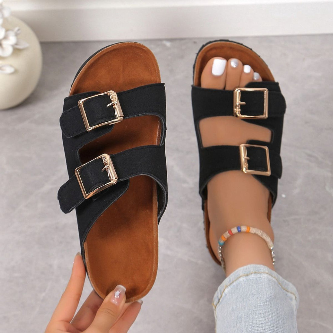 Open Toe Double Buckle Sandals 