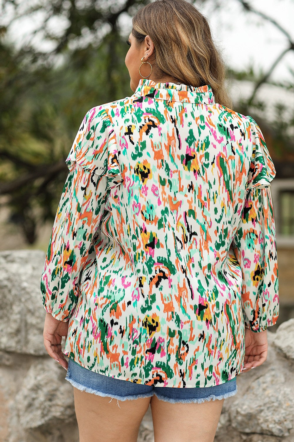 Plus Size Printed Ruffle Trim Long Sleeve Blouse 