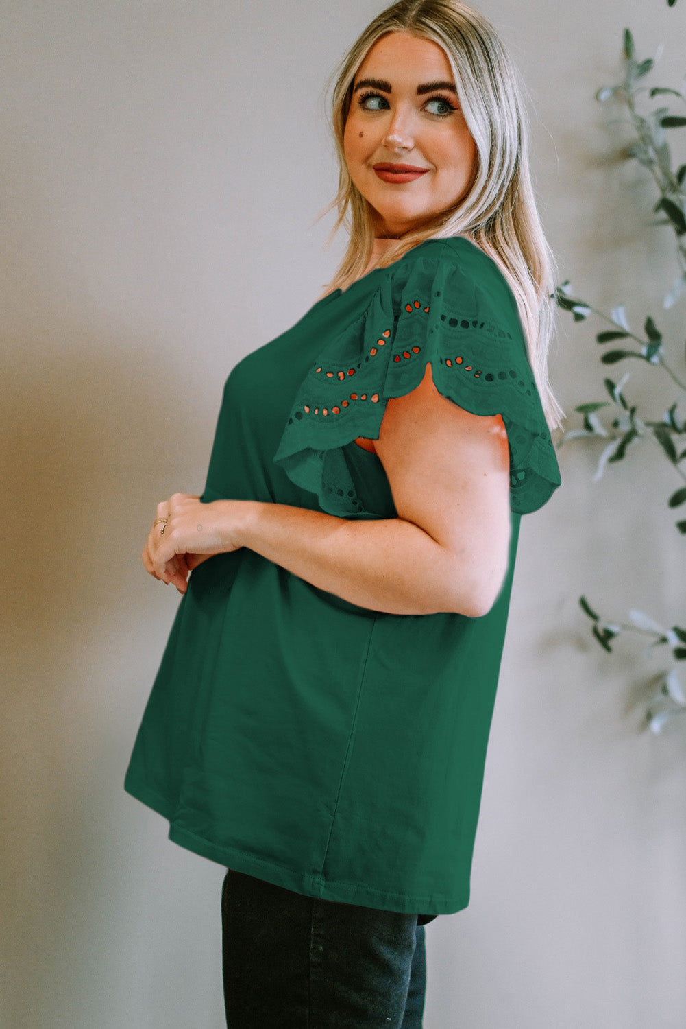 Plus Size Eyelet Round Neck Short Sleeve Blouse 