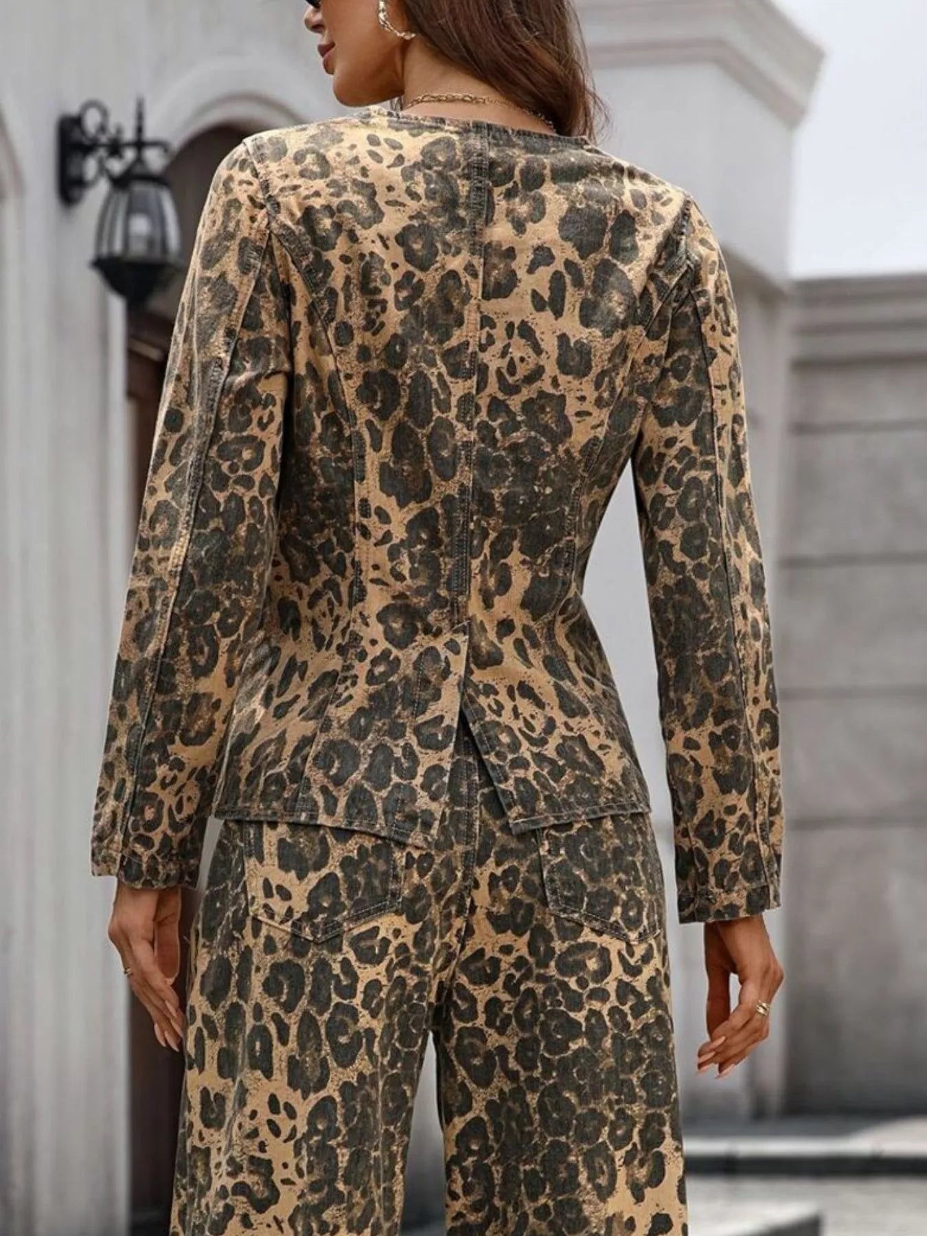 Leopard Button Up Long Sleeve Denim Shirt 