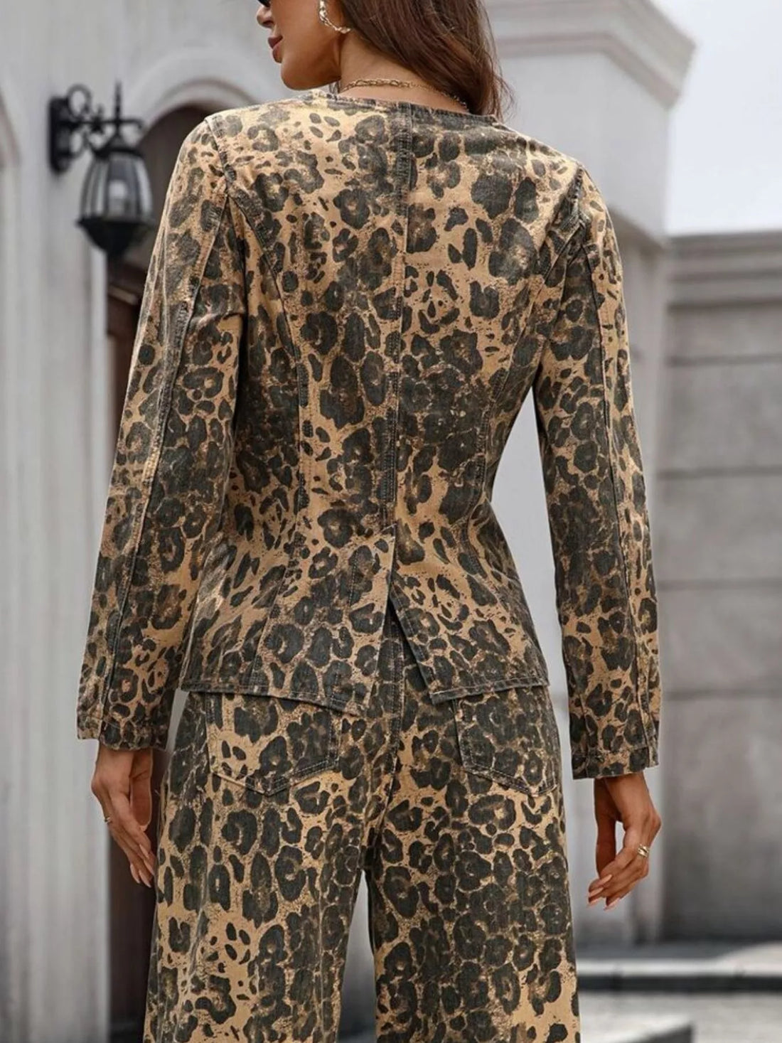 Leopard Button Up Long Sleeve Denim Shirt 