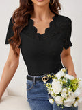 Lace Scalloped V-Neck Eyelet T-Shirt 