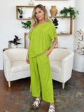 Double Take Full Size Texture Round Neck Short Sleeve T-Shirt and Wide Leg Pants 