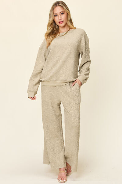Double Take Full Size Texture Long Sleeve Top and Pants Set 