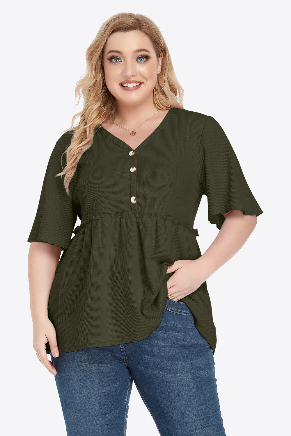 Plus Size Buttoned V-Neck Frill Trim Babydoll Blouse 
