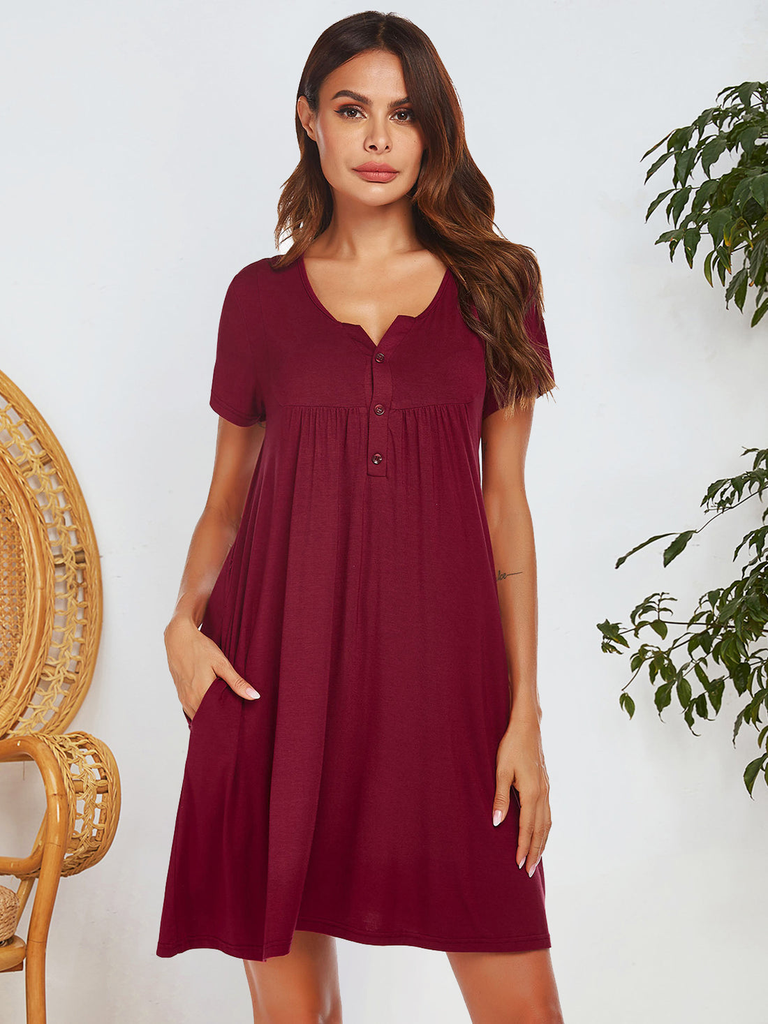 Notched Short Sleeve Mini Lounge Dress 