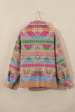 Plus Size Pocketed Printed Collared Neck Jacket 