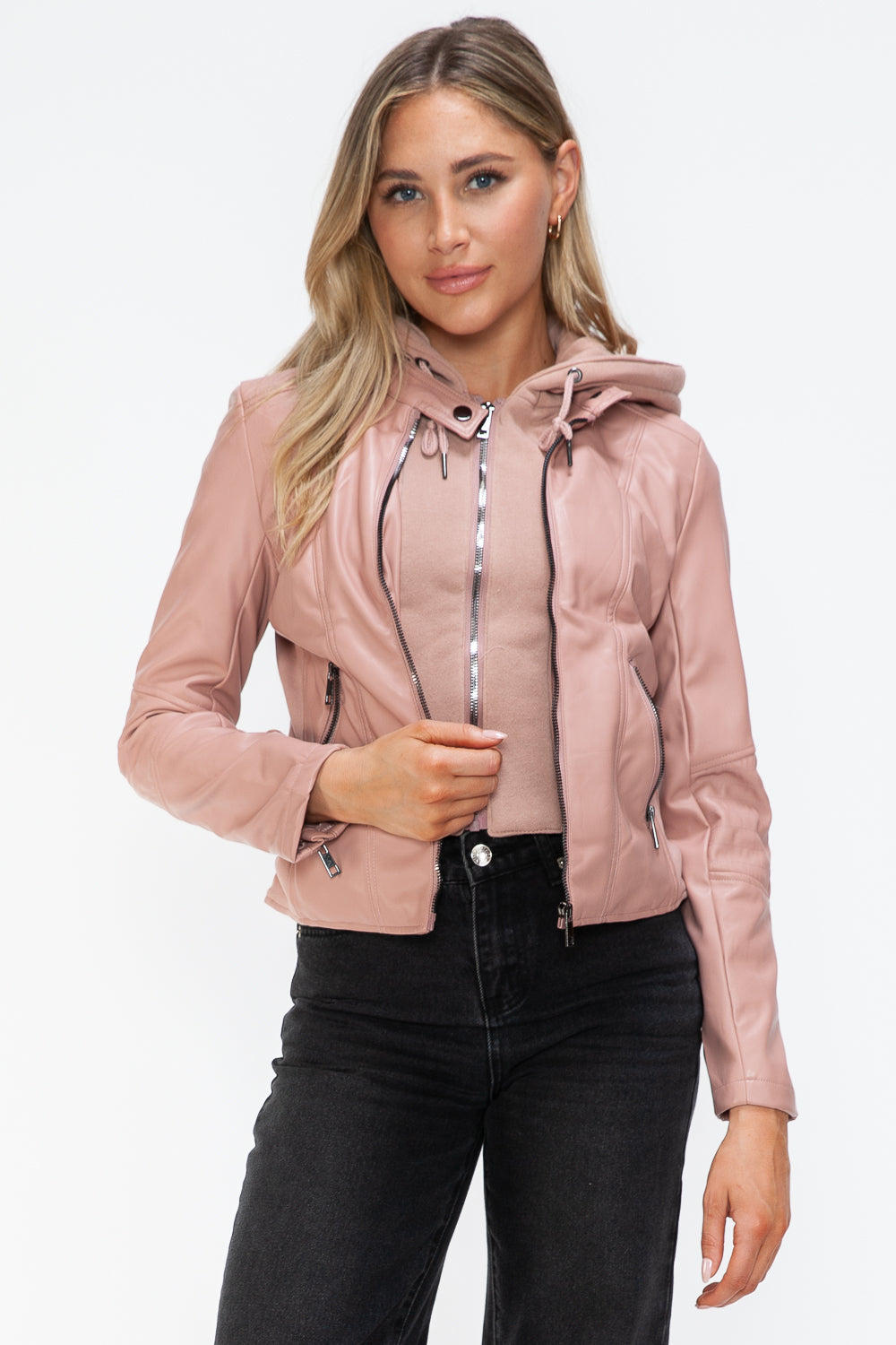 Snobbish Faux Leather Zip Up Drawstring Hooded Jacket 