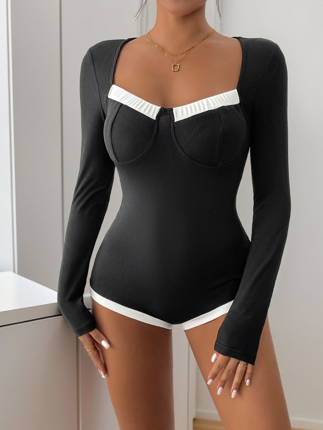 Perfee Ribbed Contrast Long Sleeve Bodysuit 