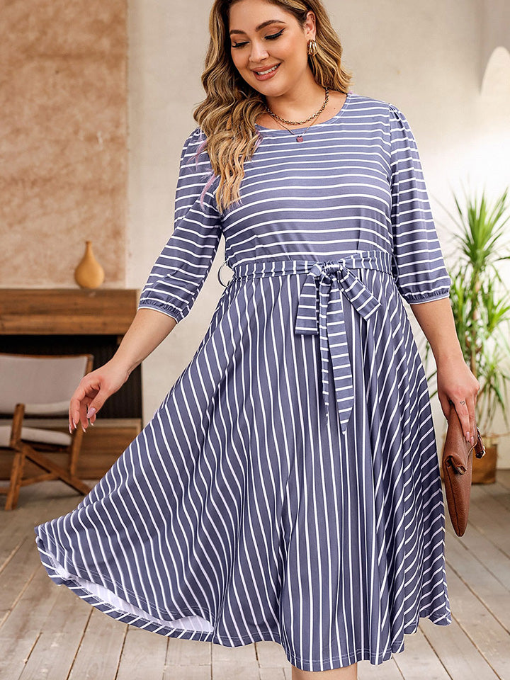 Plus Size Round Neck Striped Tie Waist Dress 