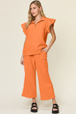 Double Take Texture Ruffle Short Sleeve Top and Drawstring Wide Leg Pants Set 