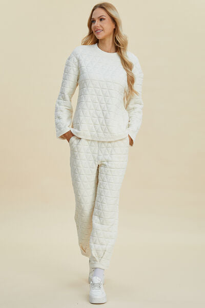 Double Take Full Size Texture Round Neck Long Sleeve Top and Pants Set 