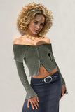 Double Take Ribbed Off-Shoulder Zip Up Long Sleeve Cardigan 
