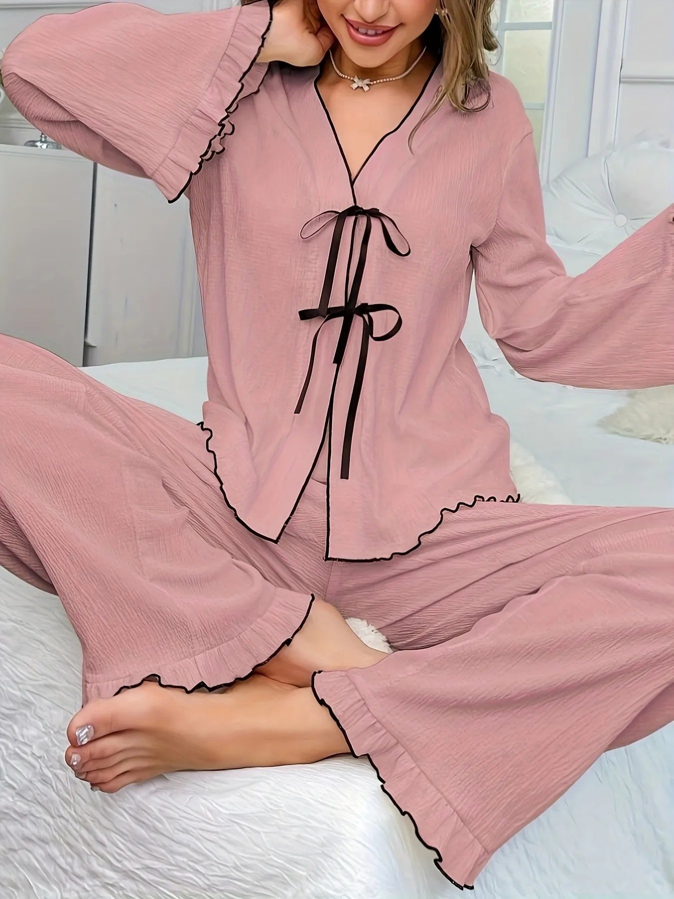 Contrast Trim Bow Tie Shirt and Pants Lounge Set Lingerie & Nightwear