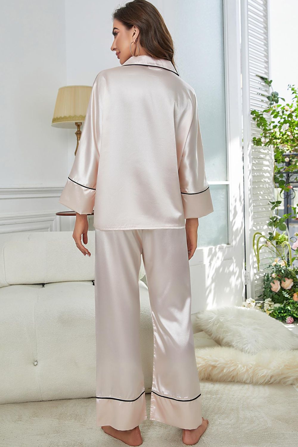 Contrast Piping Button-Up Top and Pants Pajama Set Lingerie & Nightwear