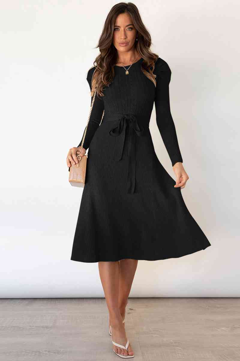 Round Neck Long Sleeve Tie Waist Sweater Dress Dresses