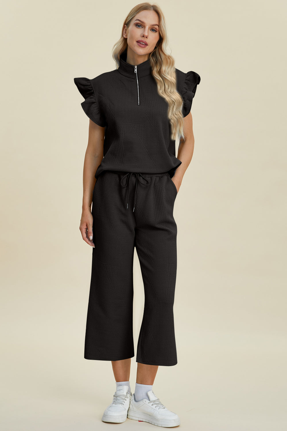 Double Take Full Size Texture Ruffle Short Sleeve Top and Wide Leg Pants Set 