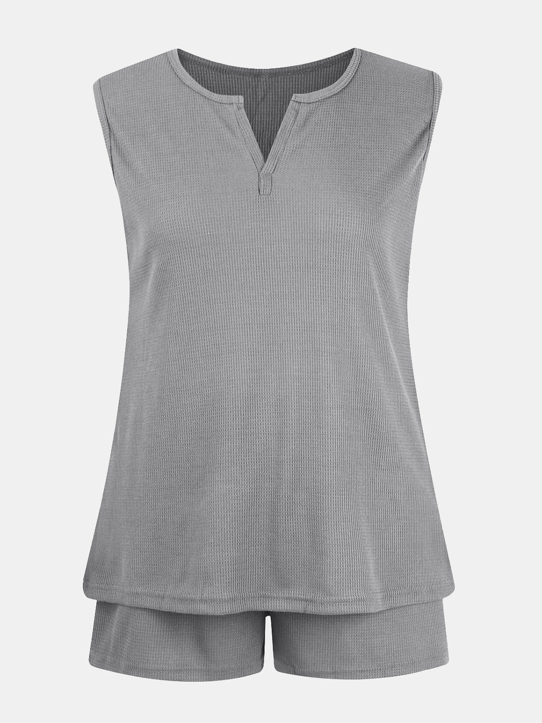Full Size Waffle-Knit Notched Top and Shorts Set 