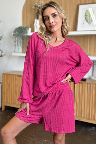 Double Take Full Size Texture V-Neck Long Sleeve T-Shirt and Shorts Set 
