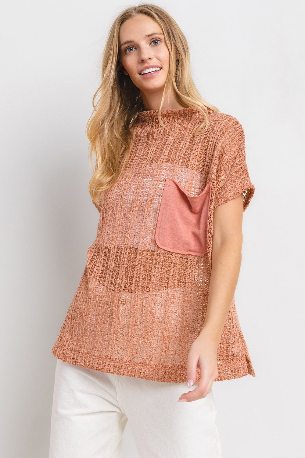 Ces Femme See Through Crochet Mock Neck Cover Up 