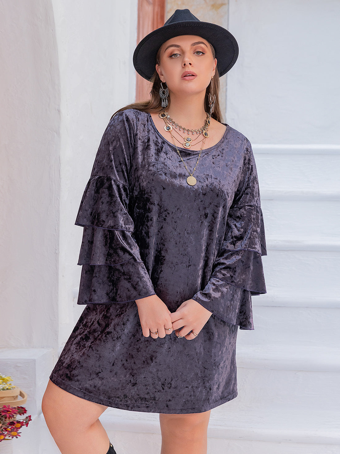 Plus Size Round Neck Flounce Sleeve Mini Dress 