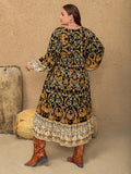 Plus Size Floral V-Neck Balloon Sleeve Midi Dress 