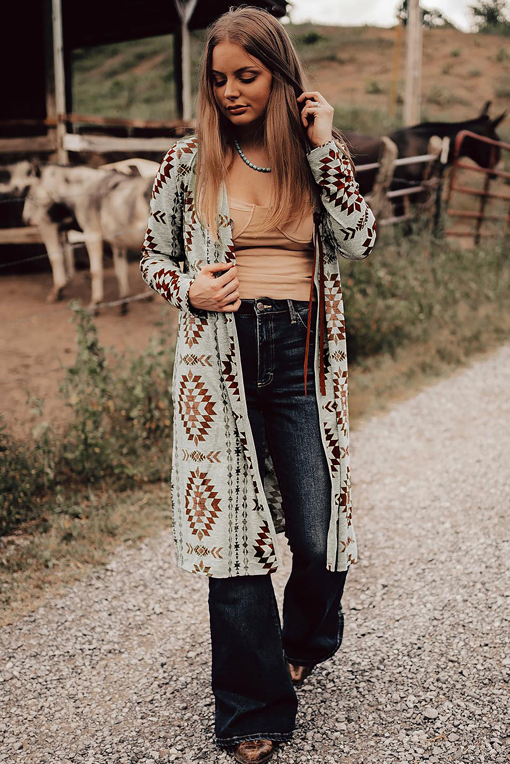 Brown Western Aztec Printed Open Front Long Cardigan Sweaters & Cardigans/Cardigans