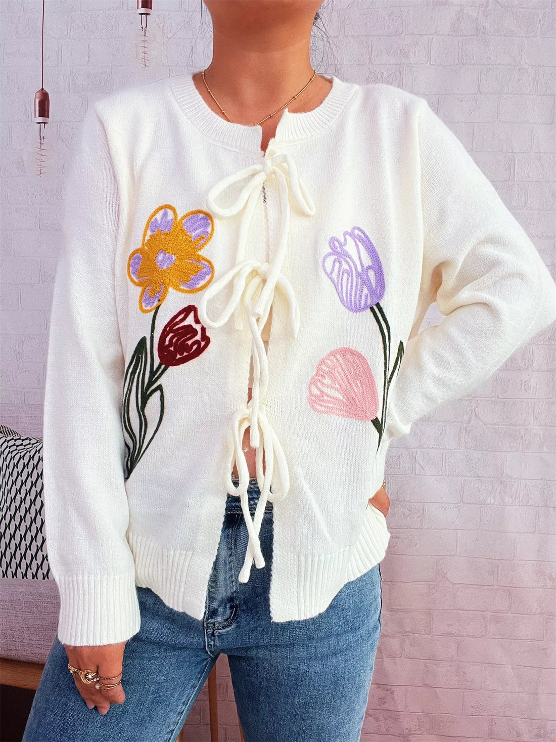Floral Ribbed Hem Tie Front Cardigan 