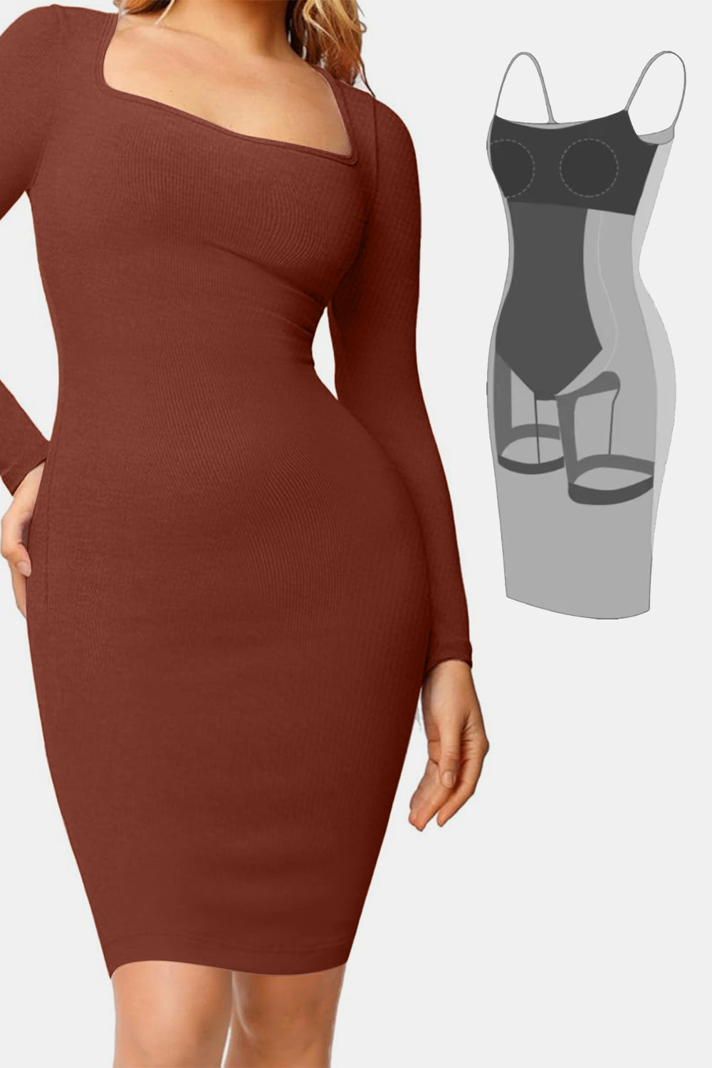 Basic Bae Full Size Built-In Shapewear Square Neck Long Sleeve Dress 