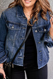 Plus Size Distressed Button Up Raw Hem Denim Jacket 