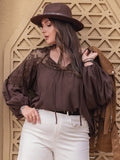 Plus Size Lace Detail Tie Neck Long Sleeve Blouse 