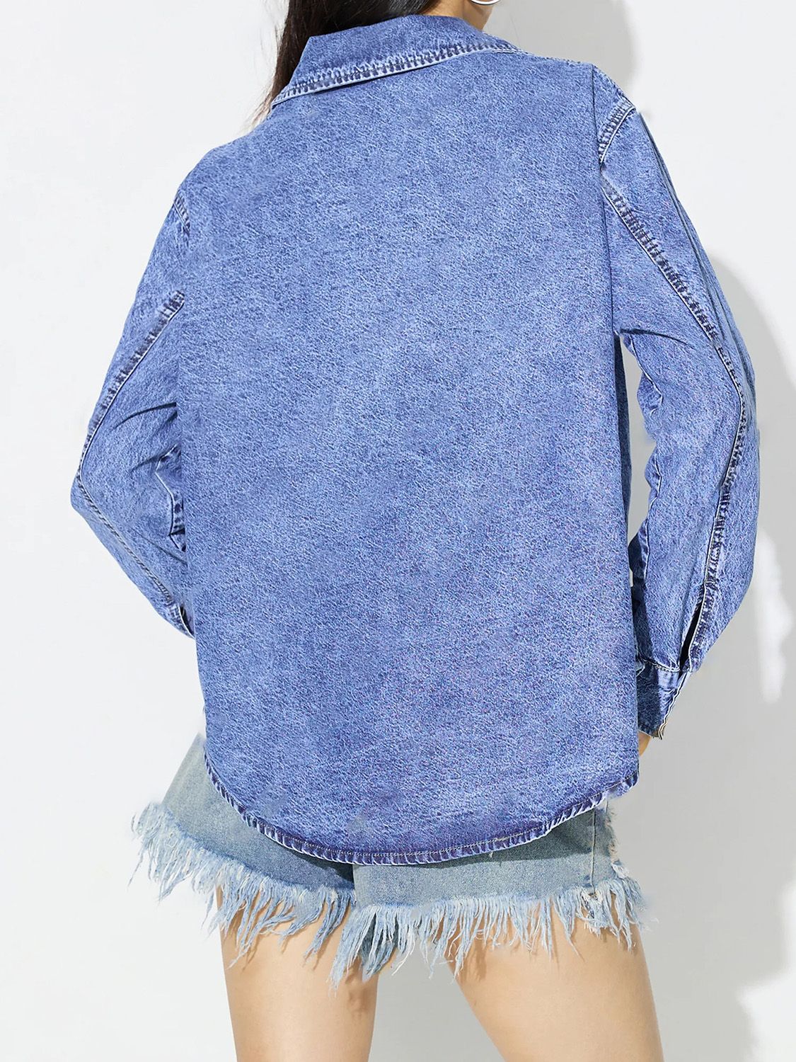 Curved Hem Collared Neck Denim Top 