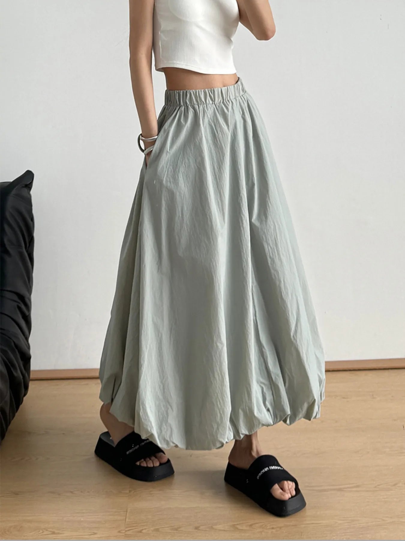 Elastic Waist Bubble Hem Maxi Skirt 