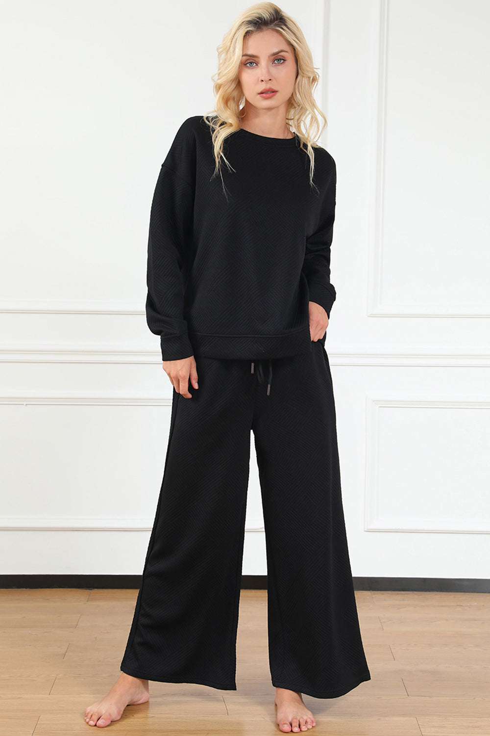 Double Take Full Size Textured Long Sleeve Top and Drawstring Pants Set 