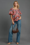 Umgee Full Size Abstract Print Smocked Square Neck Puff Sleeve Blouse 