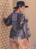 Plus Size Ruffled Printed Notched Long Sleeve Blouse 