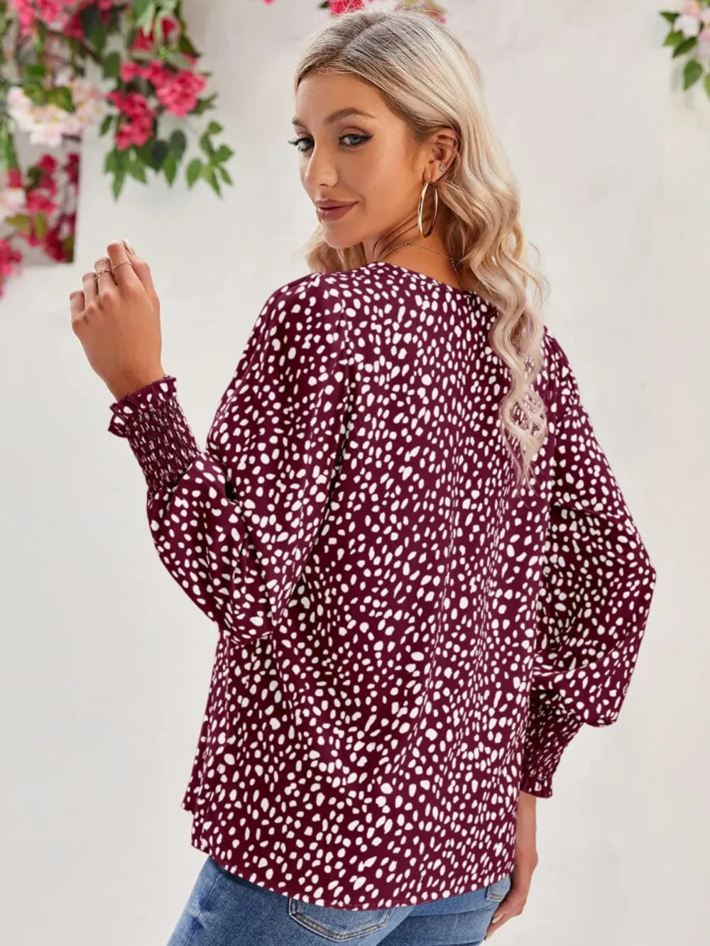 Printed V-Neck Lantern Sleeve Blouse 
