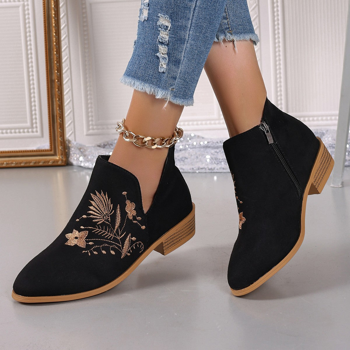 Embroidered Suede Point Toe Block Heel Boots 