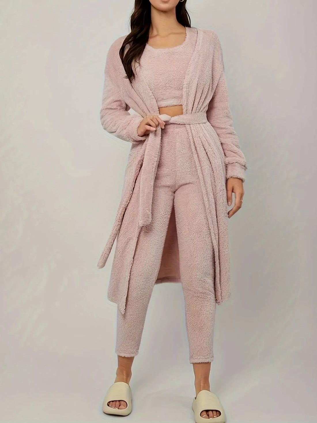 Fuzzy Tank Long Sleeve Cardigan and Pants 3-Piece Lounge Set Lingerie & Nightwear