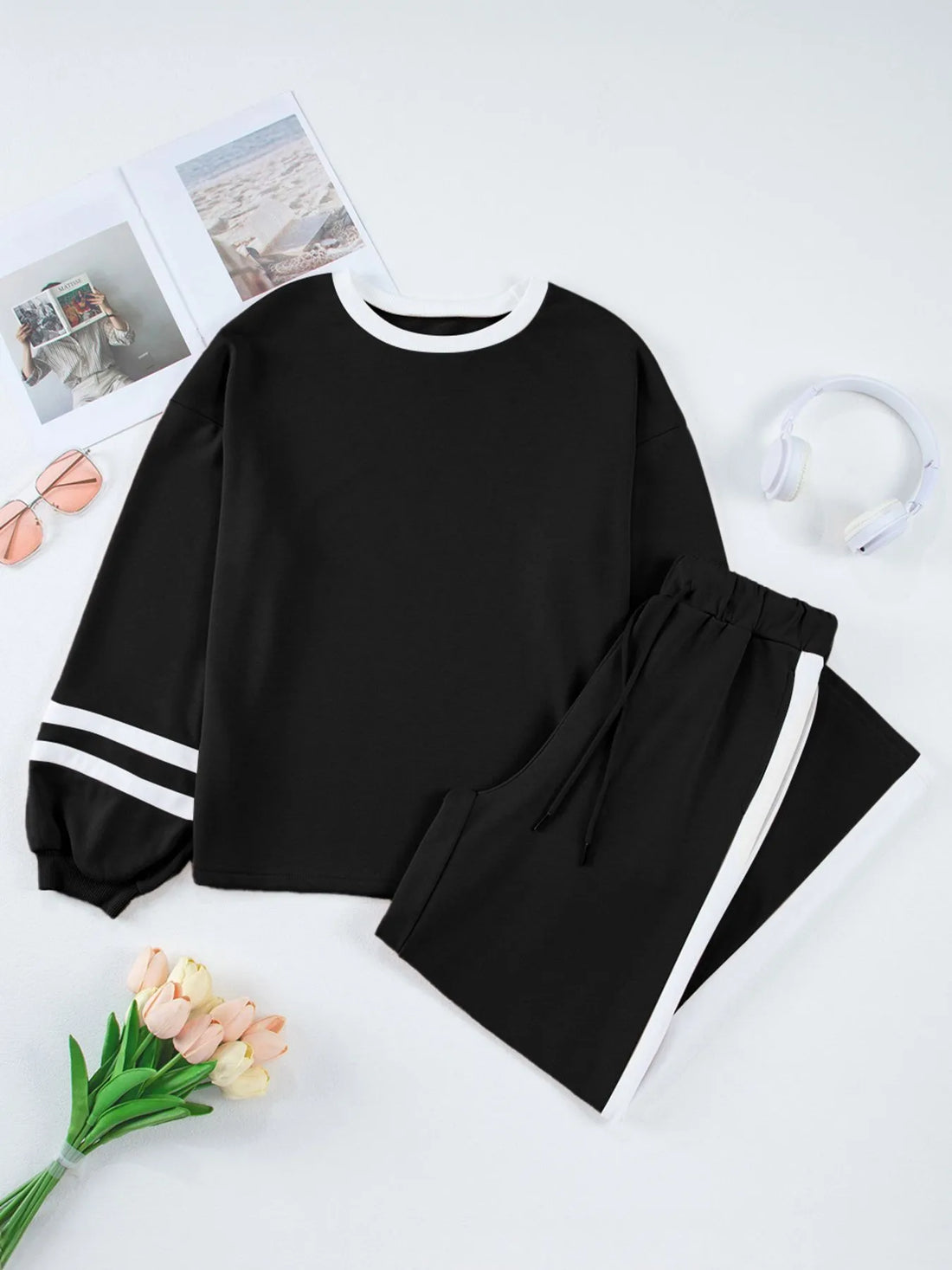 Contrast Trim Round Neck Top and Pants Set Two Piece Dresses