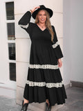 Plus Size Lace Detail V-Neck Long Sleeve Midi Dress 