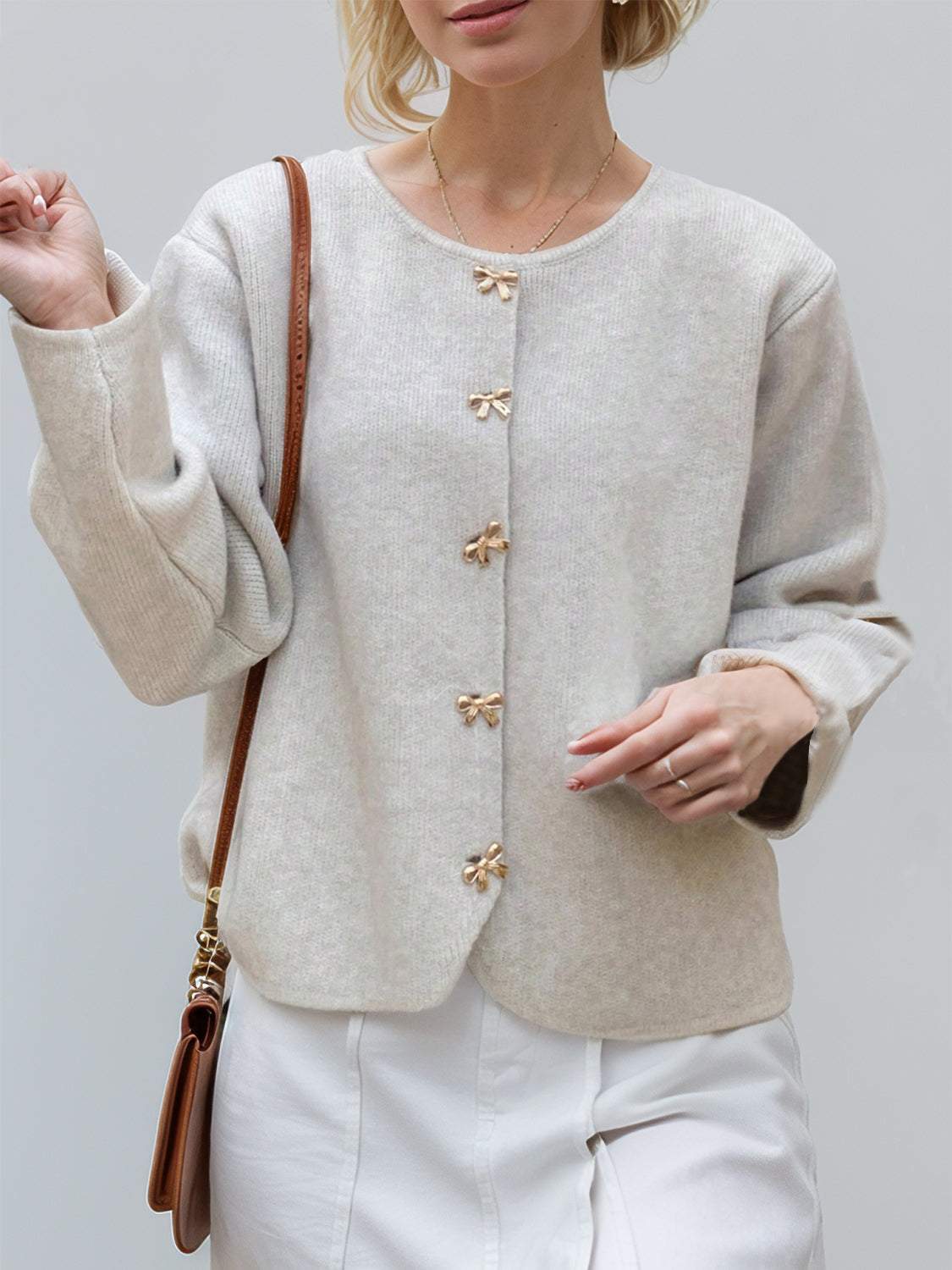 Bow Button Down Round Neck Long Sleeve Cardigan 