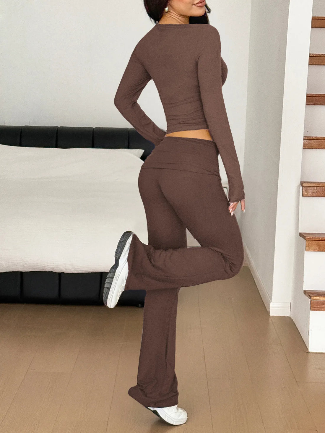 Long Sleeve Crop Top and Bootcut Pants Set Two Piece Dresses